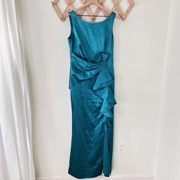 Eliza J Ruffle Satin Jade Green Mermaid Gown Size 10 - Picture 4 of 10